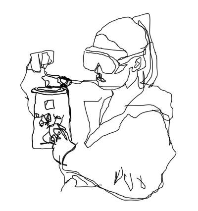 Rough pen sketch of a person with hair pulled back in a ponytail in goggles and a lab coat holding a chemical grenade, with one hand on the side/bottom and one hand on the fuse top.